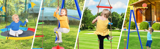 4 in 1 Outdoor Toddler Saucer Swing Set for Backyard, Playground Tree Swing Sets with Steel Frames, Climbing Rope with Disc Tree Swing Playset and Basketball Hoop for Kids