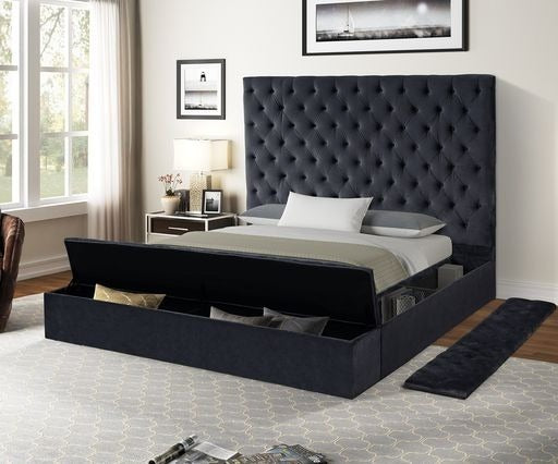 Nora Queen 4 Pc Vanity Tufted Storage Bedroom Set made with Wood In Black