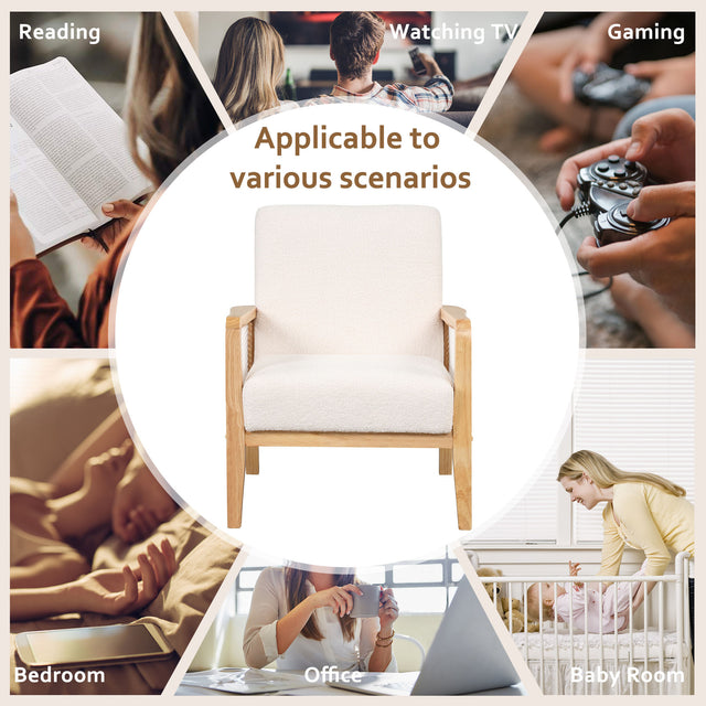 【EAT 3.10】Mid-Century Armchair Rattan Mesh Upholstered Accent Chair,Teddy Short Plush Particle Velvet Armchair for Living Room,Bedroom, Office, Studio,White