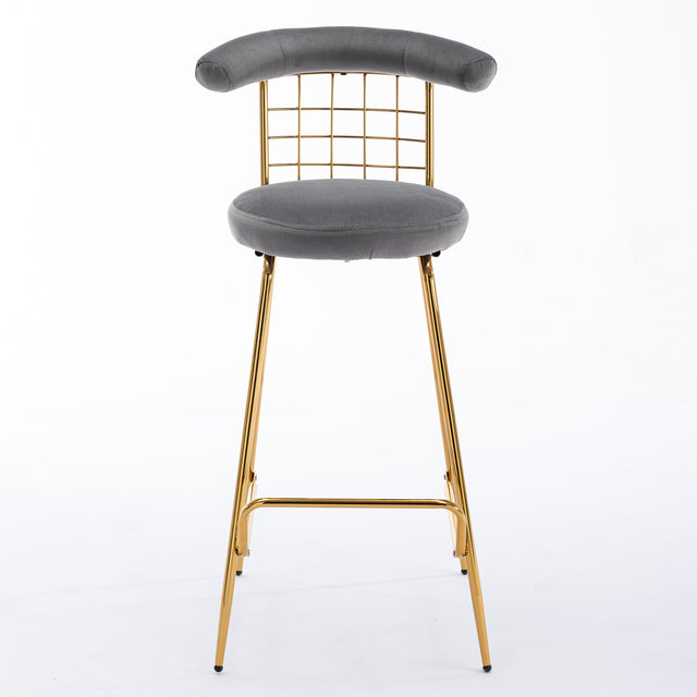 Bar Stool Set of 2, Luxury Velvet High Bar Stool with Metal Legs and Soft Back, Pub Stool Chairs Armless Modern Kitchen High Dining Chairs with Metal Legs, Grey