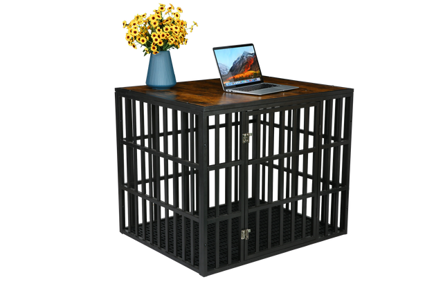 NEW HEAVY DUTY DOG CRATE FURNITURE FOR LARGE DOGS WOOD & STEEL DESIGN DOG CAGE INDOOR & OUTDOOR PET KENNEL 38X30X32INCH PET PLAYPEN WITH COVER METAL DOG FENCE CRATE BLACK
