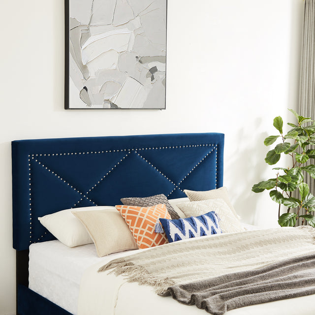 B109 King bed .Beautiful brass studs adorn the headboard, strong wooden slats + metal legs with Electroplate