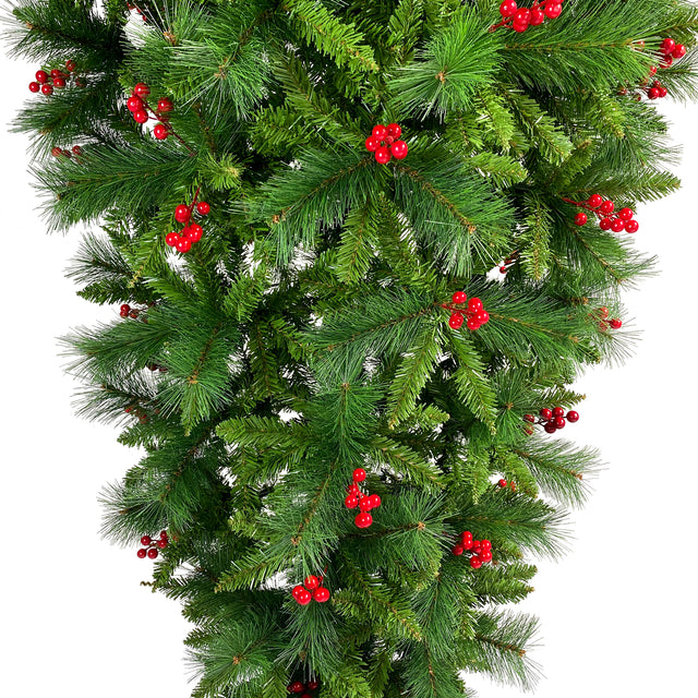 GO 7.4 ft Upside Down Green Christmas Tree Hinged Spruce Full Tree, 1500 branch tips, with Red Artificial Berries, PVC Pine Needles, Artificial Holiday Christmas Pine Tree for Home, Office, Party.