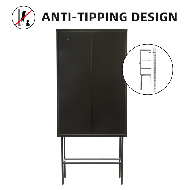 Retro Style Fluted Glass High Cabinet Storage Dual Doors Three Detachable Wide Shelves Enclosed Dust-free Storage for Living Room Bathroom Dining Room Kitchen Room Entryway,BLACK (OLD SKU:W68734128)