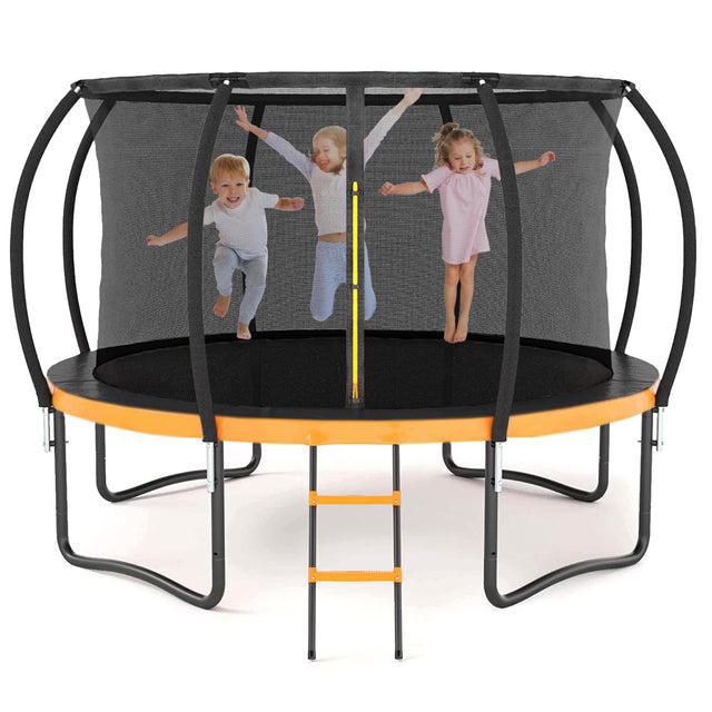 14FT Outdoor Big Trampoline With Inner Safety Enclosure Net, Ladder, PVC Spring Cover Padding, For Kids, Black&Orange Color