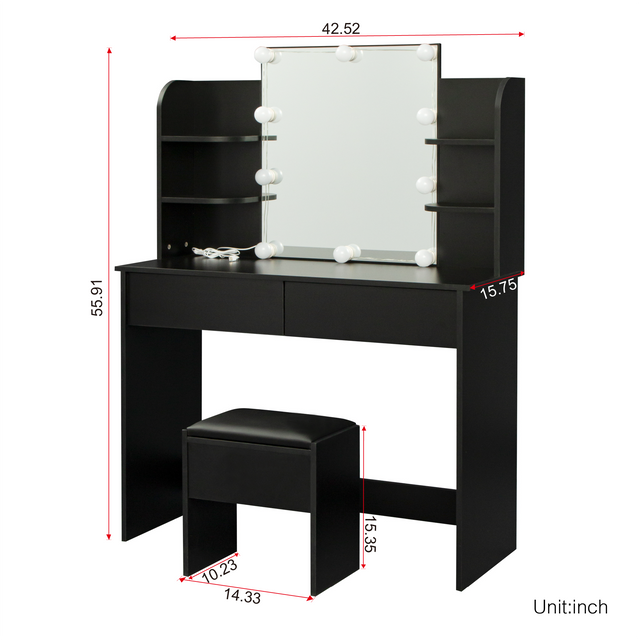 Modern Dressing table with 2 Drawers, 4 open shelves,Rectangular Makeup Table with Mirror, 10-lamp bulb,,42.52*15.75* 52.76inch,for Bedroom, Black