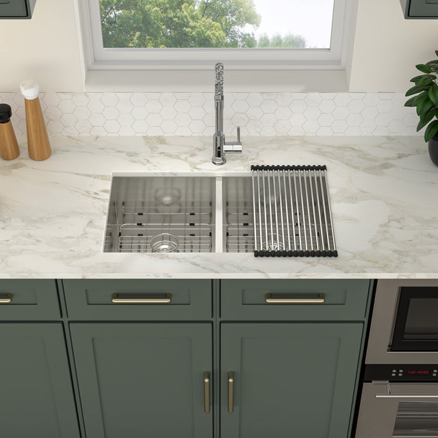 32x18 Undermount Double Bowl Kitchen Sink 50/50 18 Gauge Stainless Steel Offset Drain with 9 Inch Deep Double Bowl Sink