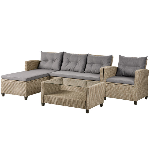 U_STYLE Outdoor, Patio Furniture Sets, 4 Piece Conversation Set Wicker Ratten Sectional Sofa with Seat Cushions(Beige Brown)