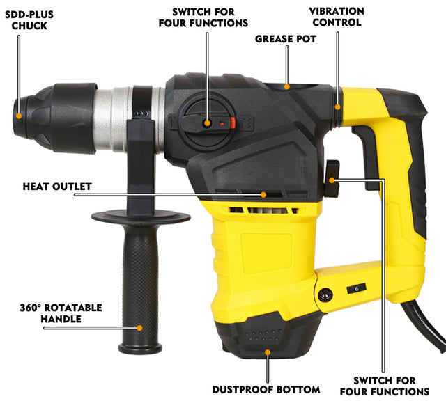 Professioinal Quality 1-1/4” SDS-Plus Heavy Duty Rotary Hammer Drill 13 Amp - Vibration Control, 3 Functions