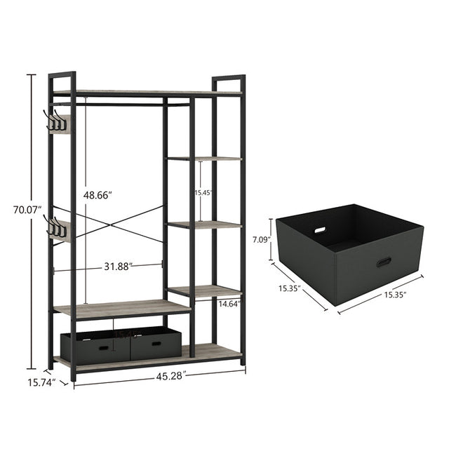 JHX Organized Garment Rack with Storage, Free-Standing Closet System with Open Shelves and Hanging Rod(Grey,45.3’’w x 15.75’’d x 70.08’’h).