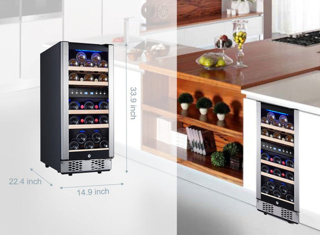 30 Bottles/15 Inch Dual Zone Low Noise Wine Cooler Refrigerator , Small Wine Refrigerator for Home Bar with Digital Temperature Control, Glass Front Doors and Interior Lighting