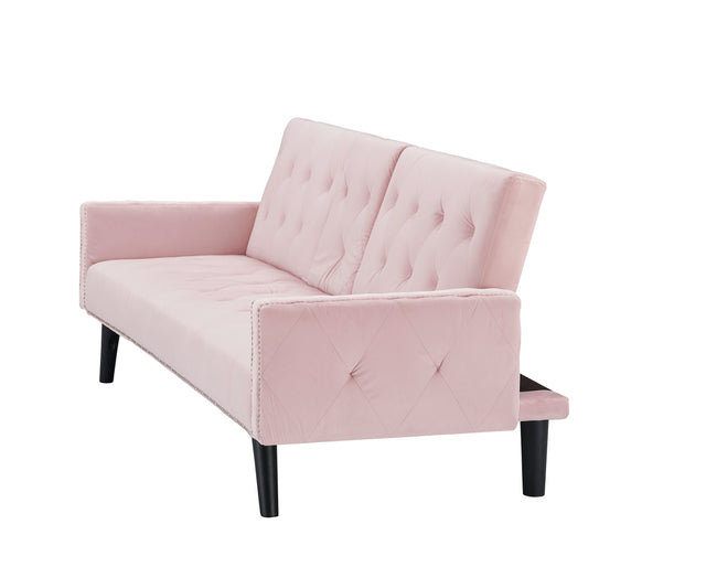 1730 Sofa Bed Armrest with Nail Head Trim with Two Cup Holders 72" Pink Velvet Sofa for Small Spaces