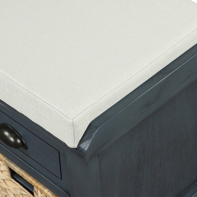 TREXM Rustic Storage Bench with 3 Drawers and 3 Rattan Baskets, Shoe Bench for Living Room, Entryway (Antique Navy)