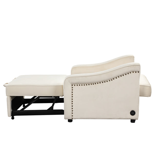 50.6" Convertible Sleeper Bed, Adjustable Sofa Couch with Dual USB Ports for Living Room Space,Cream White