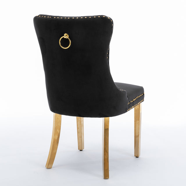 A&A Furniture,Nikki Collection Modern, High-end Tufted Solid Wood Contemporary Velvet Upholstered Dining Chair with Golden Stainless Steel Plating Legs,Nailhead Trim,Set of 2,Black and Gold, SW1601BK