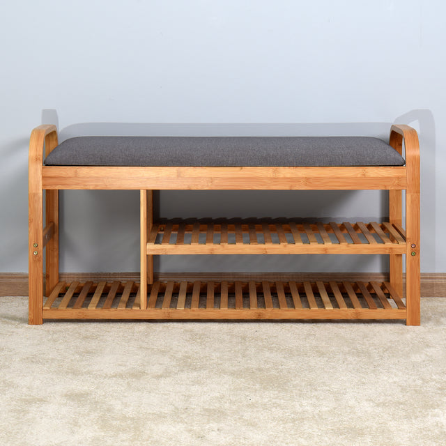Living Room Bamboo Storage Bench, Entryway 3 Shelves Bench with flip storage compartment 39.37 x 13 x 19.88 inch