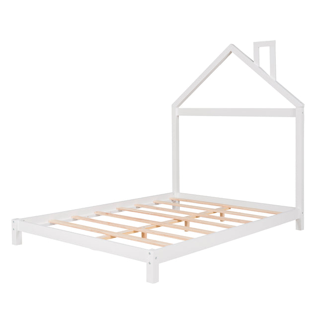 Full Size Wood Platform Bed with House-shaped Headboard (White)