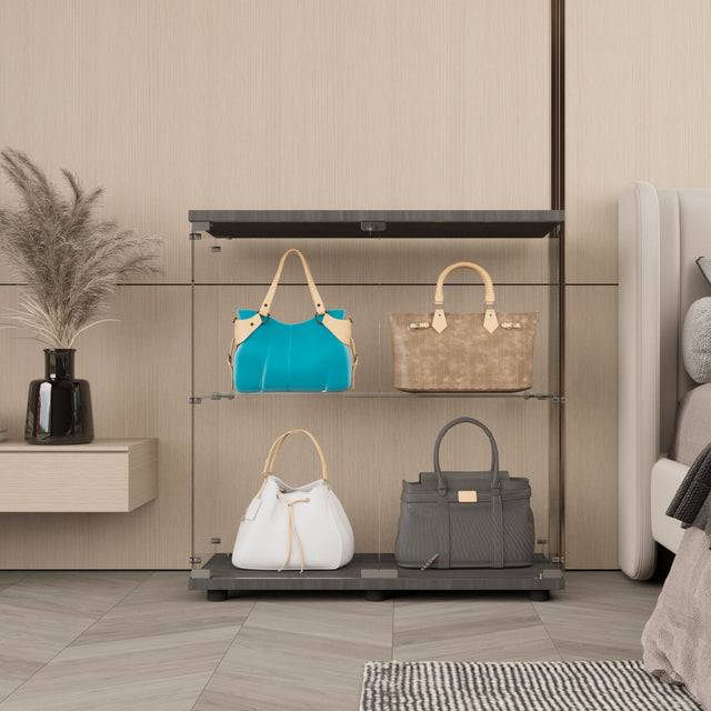 Two-door Glass Display Cabinet 2 Shelves with Door, Floor Standing Curio Bookshelf for Living Room Bedroom Office, 35.35” x 31.69”x 14.37”, Black