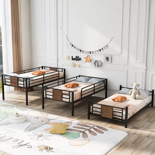 Twin Size Triple Metal Bunk Bed, with Wood Decoration Headboard and Footboard, Brown