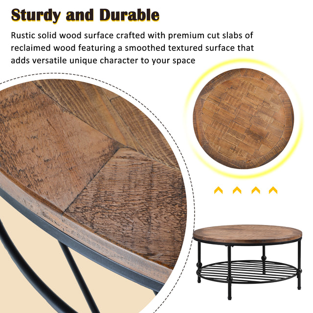 TREXM Rustic Natural Round Coffee Table with Storage Shelf for Living Room, Easy Assembly (Round)