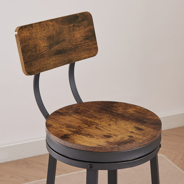 Swivel bar stool set of 2 with backrest, industrial style, metal frame, 29.5'' high.(Rustic Brown,13.4’’w x 40.5’’h)