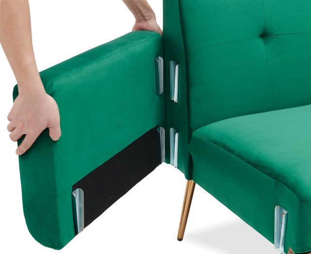 Modern green velvet sand living room sofa with midfoot and two throw pillows