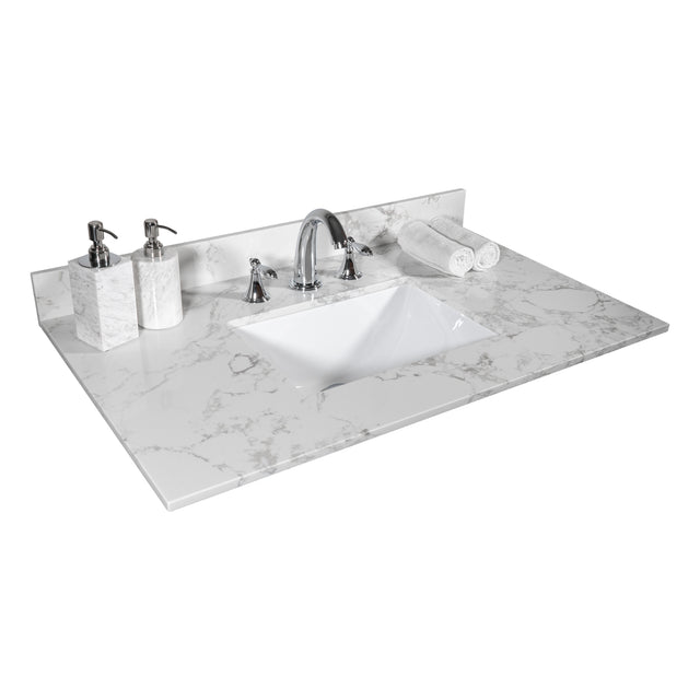 Montary 31inch bathroom vanity top stone carrara white new style tops with rectangle undermount ceramic sink and back splash with 3 faucet hole for bathrom cabinet