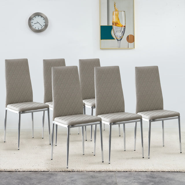 Grid Shaped Armless High Back Dining Chair, 6-piece set, Office Chair. Applicable to DiningRoom, Living Room, Kitchen and Office.Grey Chair and Electroplated Metal Leg