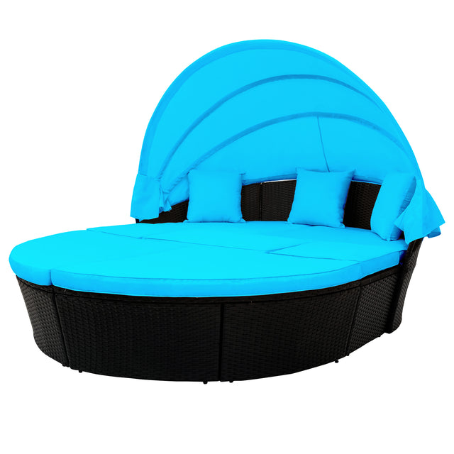 Outdoor rattan daybed sunbed with Retractable Canopy Wicker Furniture, Round Outdoor Sectional Sofa Set, black Wicker Furniture Clamshell Seating with Washable Cushions, Backyard, Porch, Blue.