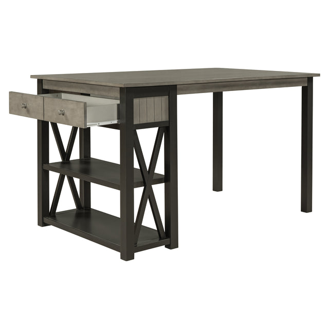 TOPMAX Rustic Wood 4-Piece Counter Height Dining Table Set with Storage Shelves and Drawer, Kitchen Table Set with 2 Stools and Bench, Gray