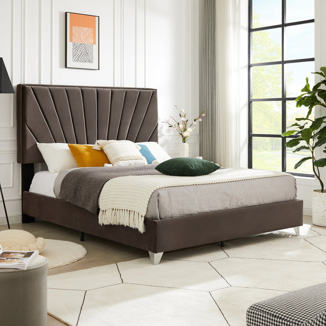 B108 Queen bed Beautiful line stripe cushion headboard , strong wooden slats + metal legs with Electroplate