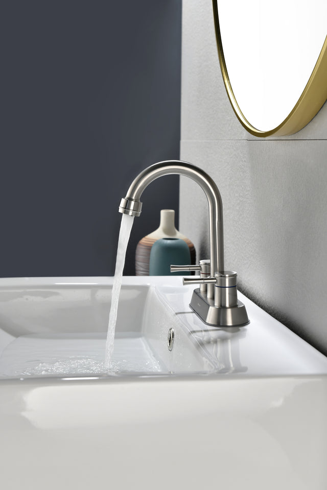 Brushed Nickel 4 Inch 2 Handle Centerset Lead-Free Bathroom Sink Faucet, with Copper Pop Up Drain and 2 Water Supply Lines,