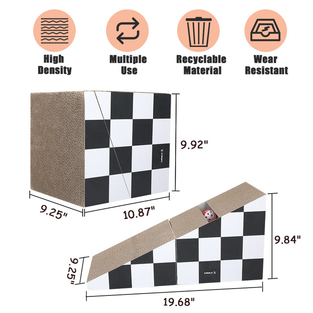 Cat Scratching Board with Ball, Triangle Cat Scratching Cardboard, Multiple Scratching Angles, 2-in-1 Scratching Lounge Bed, Recyclable and Durable, Furniture Protector, Black and White