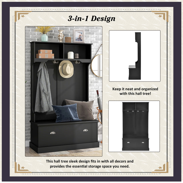 ON-TREND Hall Tree with 4 Hooks, Coat Hanger, Entryway Bench, Storage Bench, 3-in-1 Design, for Livingroom, Hallway (BLACK)