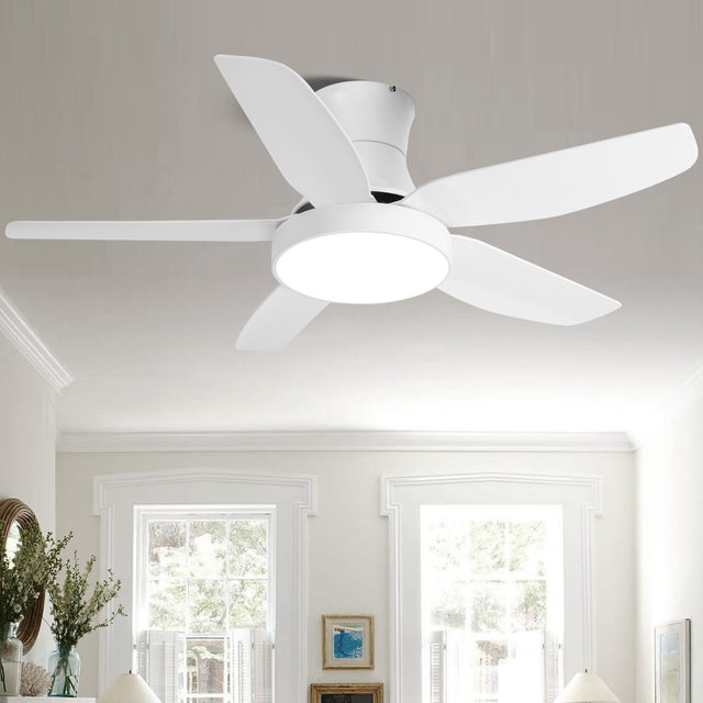 Indoor Low Profile Ceiling Fan with LED Light and Remote Control,Ultra Quiet Flush Mount Fan with 6 Speed DC Motor and Energy Efficient Light with 3 Color, 46 Inch, Fresh White Finish