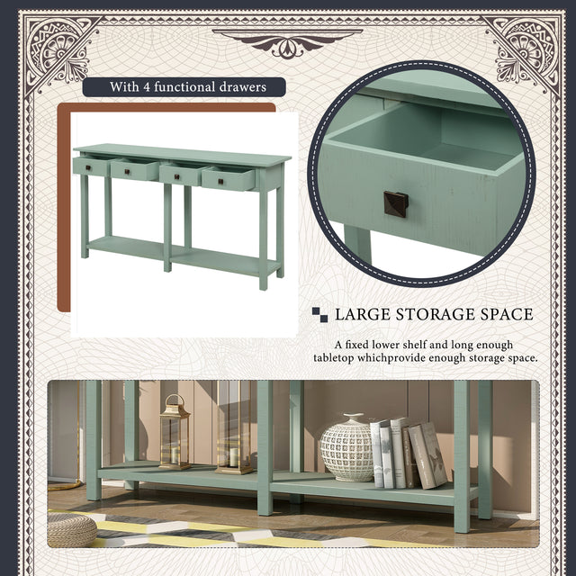 TREXM Rustic Brushed Texture Entryway Table Console Table with Drawers and Bottom Shelf for Living Room (Tiffany Blue)