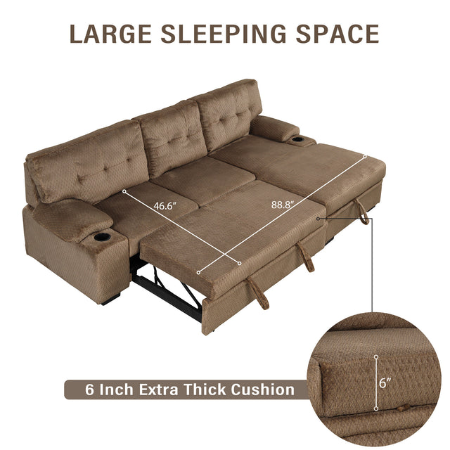 95.7" Modern Padded Upholstered Sofa Bed Sleeper Sectional Sofa with Storage Chaise and Cup Holder for Living Room Furniture Set