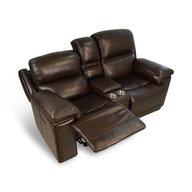 Timo Top Grain Leather Power Reclining Loveseat With Console | Adjustable Headrest | Storage | Steel Cup Holders | Cross Stitching
