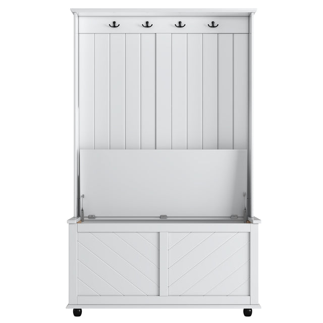 U-Can Hall Tree with 4 Hooks , Coat Hanger, Entryway Bench, Storage Bench, 3-in-1 Design, 40INCH, for Entrance, Hallway (White)