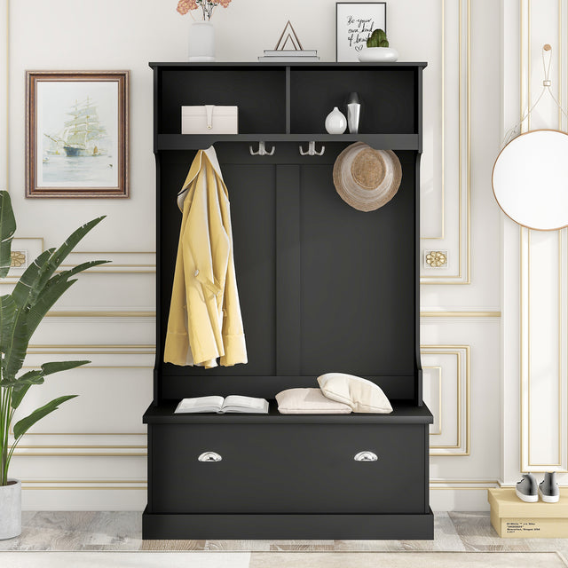 ON-TREND Hall Tree with 4 Hooks, Coat Hanger, Entryway Bench, Storage Bench, 3-in-1 Design, for Livingroom, Hallway (BLACK)