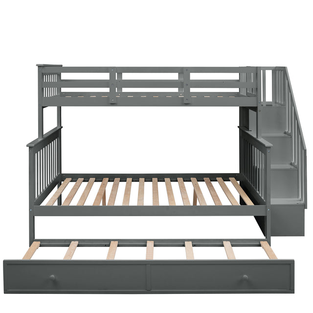 Stairway Twin-Over-Full Bunk Bed with Twin size Trundle, Storage and Guard Rail for Bedroom, Dorm, for Adults, Gray(OLD SKU :LP000119AAE)