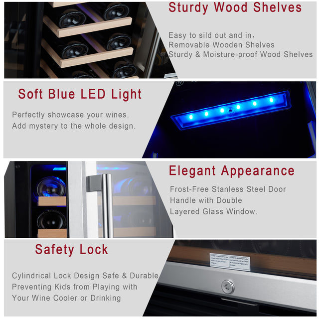 SOTOLA 24'' Wine Cooler Refrigerator - Dual Zone Built-in or Freestanding Fridge with Stainless Steel Tempered Glass Door and Temperature Memory Function