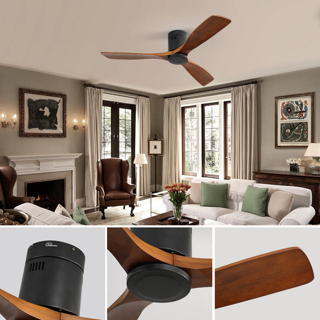 Low Profile Ceiling Fan DC 3 Carved Wood Fan Blade Noiseless Reversible Motor Remote Control Without Light