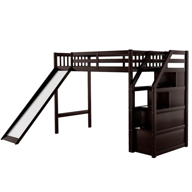 Twin Size Loft Bed with Storage and Slide, Espresso