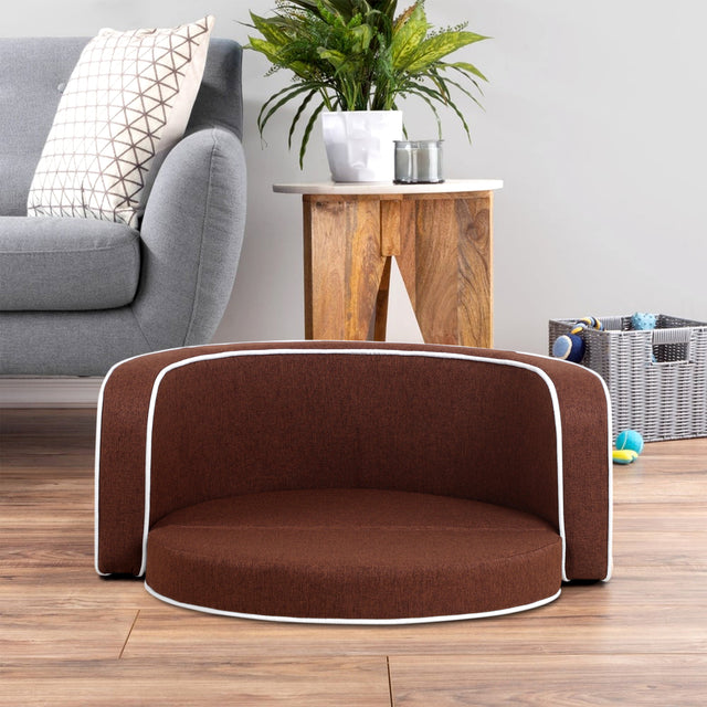 30" Brown Round Pet Sofa, Dog sofa, Dog bed, Cat Bed, Cat Sofa, with Wooden Structure and Linen Goods White Roller Lines on the Edges Curved Appearance pet Sofa with Cushion