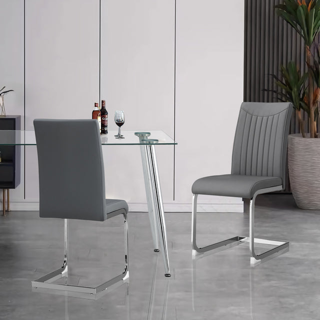 Modern Dining Plating leg Dining chair Chair, PU Leather High Back Cushion Side Chair with Vertical stripe backrest pattern for Dining Room Kitchen Vanity Patio Office Chair (Set of 2) (Grey+PU)