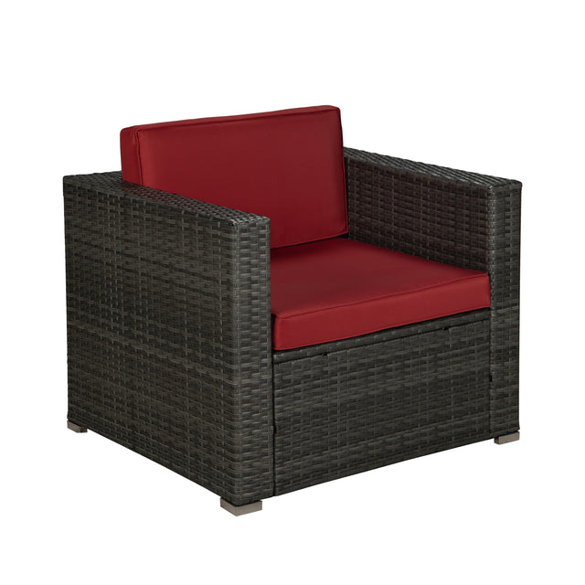 Outdoor Garden Patio Furniture 1-Piece Gray PE Rattan Wicker Sectional Red Cushioned Sofa with 1 Beige Pillow