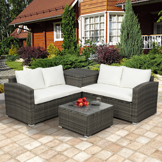 TOPMAX 4 PCS Outdoor Cushioned PE Rattan Wicker Sectional Sofa Set Garden Patio Furniture Set (Beige Cushion)