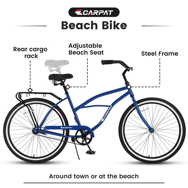 S26204 26 Inch Beach Cruiser Bike for Men and Women, Steel Frame, Single Speed Drivetrain, Upright Comfortable Rides, Multiple Colors