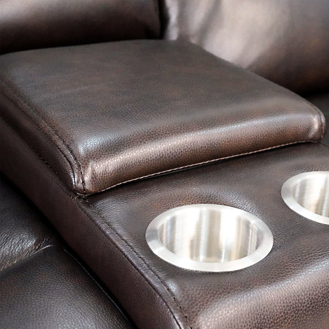 Timo Top Grain Leather Power Reclining Loveseat With Console | Adjustable Headrest | Storage | Steel Cup Holders | Cross Stitching